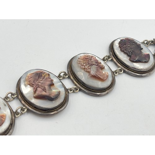 2323 - An antique silver mother of pearl cameo panel bracelet - approx. gross weight 39g