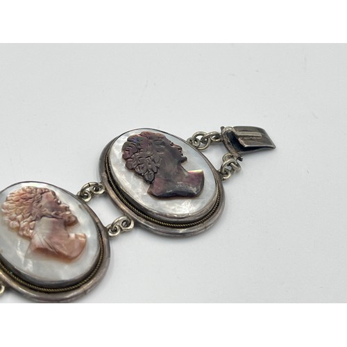 2323 - An antique silver mother of pearl cameo panel bracelet - approx. gross weight 39g