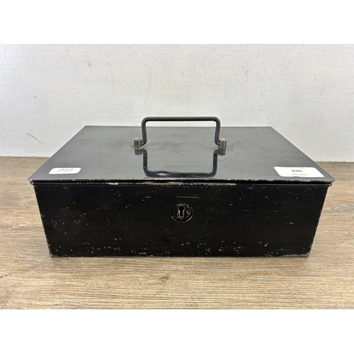 440 - A mid 20th century Veteran Series British made black metal deed box - approx. 9cm high x 26cm wide x... 