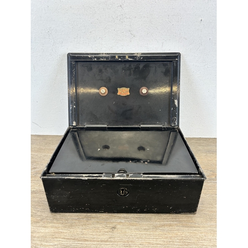 440 - A mid 20th century Veteran Series British made black metal deed box - approx. 9cm high x 26cm wide x... 