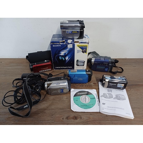 609 - Six camcorders to include boxed Sony DCR-DVD310E, Panasonic SDR-S50 with instruction manual and soft... 