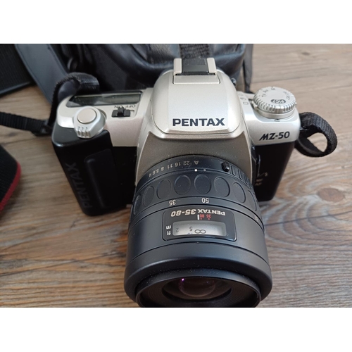 612 - Two 35mm SLR cameras, one cased Pentax MZ-50 fitted with Pentax-F 35-80mm 1:4-5.6 lens and one Canon... 