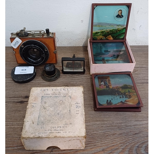 614 - Four items to include Giorno Anastigmat F:6 F.150mm lens, boxed glass lantern slides etc.