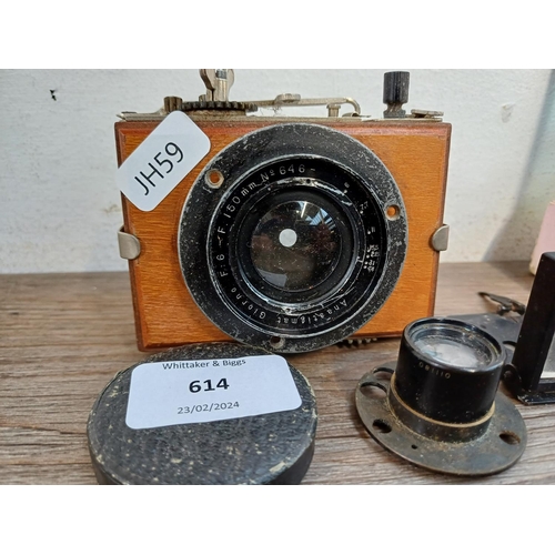 614 - Four items to include Giorno Anastigmat F:6 F.150mm lens, boxed glass lantern slides etc.