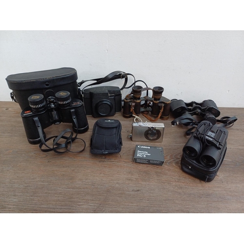 623 - A collection cameras and binoculars to include Vivitar 10 x 25, Emil Busch, J.T Coppock Telinor 8 x ... 