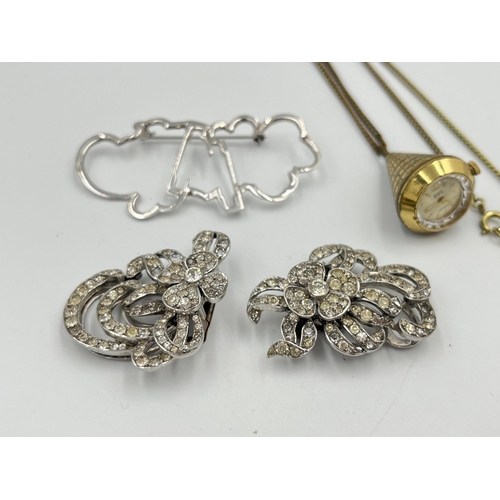 2332 - Four pieces of jewellery, one Emka Geneve Incabloc watch pendant necklace, two white metal and CZ sc... 