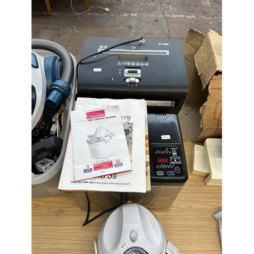 802 - Four items, one Hoover Vortex cylinder vacuum cleaner, one Fellowes P-48C paper shredder, one Prima ... 