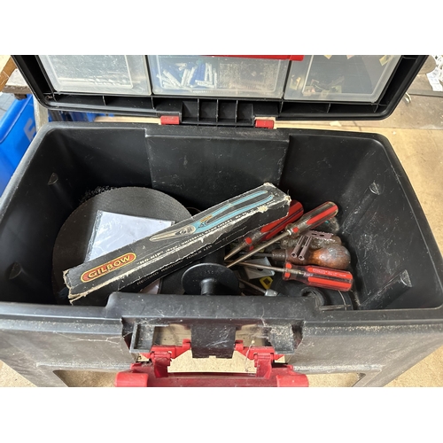 884 - A plastic tool box stool with contents to include Stanley screwdrivers, boxed Gilbow universal hand ... 