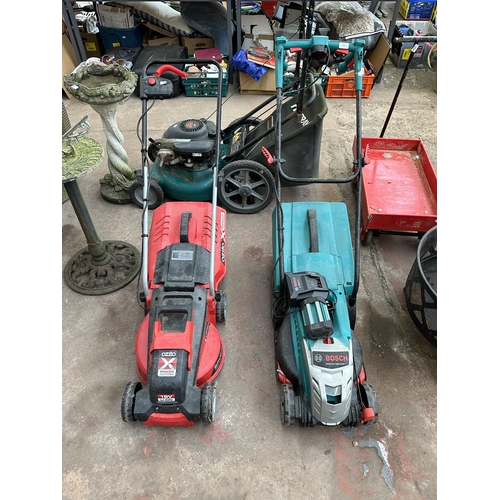 916 - Two electric cordless lawn mowers, one Bosch Rotak 32 LI High Power and one Ozito PXCLMS-118U