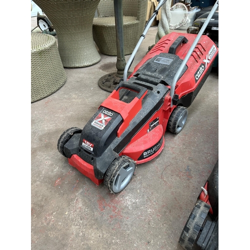 916 - Two electric cordless lawn mowers, one Bosch Rotak 32 LI High Power and one Ozito PXCLMS-118U