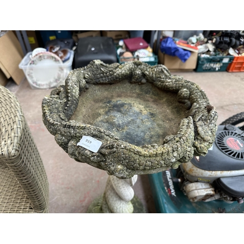 919 - A cast stone pedestal bird bath with dragon design - approx. 72cm high x 36cm diameter