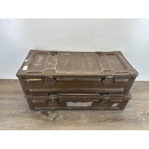 2232G - Two brown metal military ammunition boxes - approx. 16cm high x 64cm wide x 26cm deep