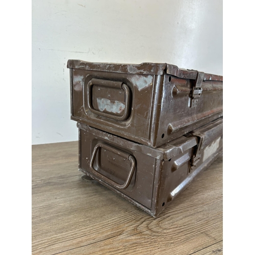 2232G - Two brown metal military ammunition boxes - approx. 16cm high x 64cm wide x 26cm deep