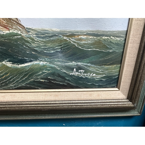 236 - A framed oil on canvas of a ship scene, signed Ambrose - approx. 68cm high x 78cm wide