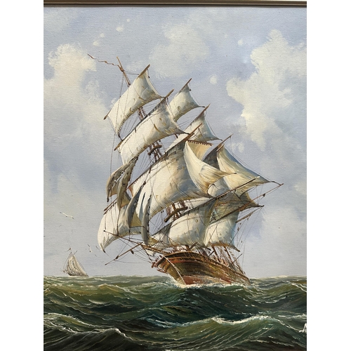 236 - A framed oil on canvas of a ship scene, signed Ambrose - approx. 68cm high x 78cm wide