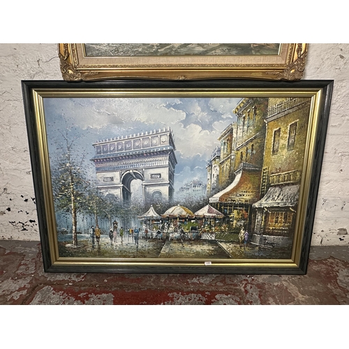 237 - Two framed Parisian scene acrylics on canvas - largest approx. 70cm high x 101cm wide