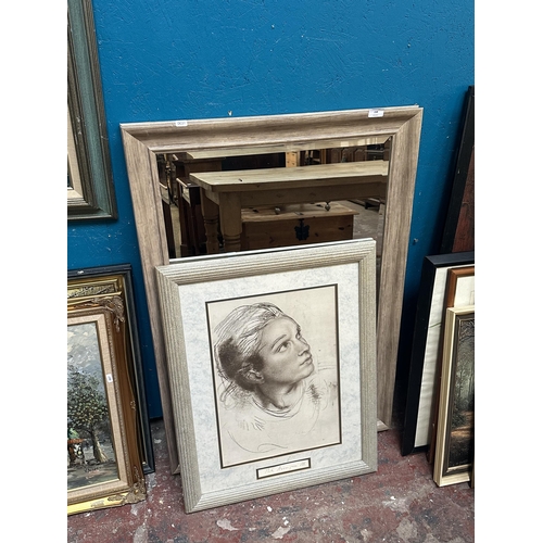 238 - Two framed items, one The Range Henley wall mirror - approx. 102cm x 72cm and one portrait print - a... 