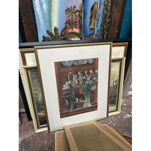 241 - A collection of framed pictures and mirrors to include 19th century style gilt framed oval wall mirr... 