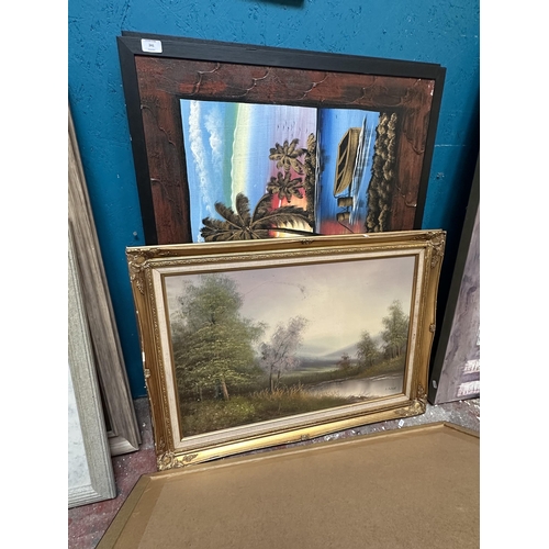 241 - A collection of framed pictures and mirrors to include 19th century style gilt framed oval wall mirr... 