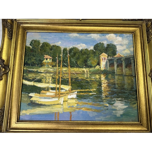 248 - A gilt framed acrylic on canvas of a boat scene after Claude Monet - approx. 59cm high x 69cm wide