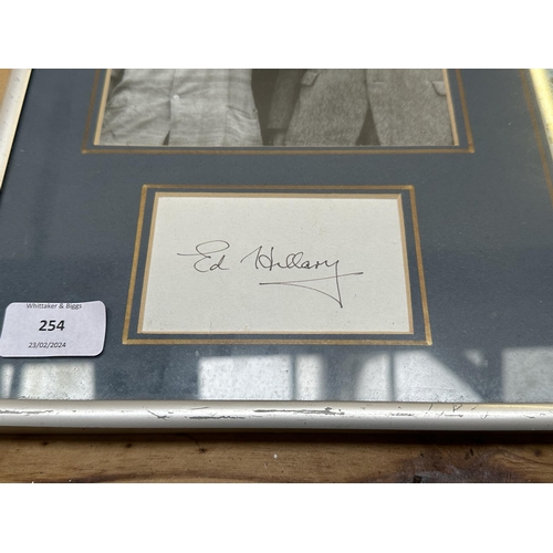 254 - A framed and signed Ed Hillary Mount Everest photograph - approx. 41cm high x 51cm wide