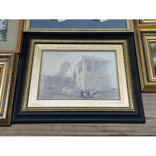 257 - Nine framed pictures to include four oilographs, Georgian style military silhouette print etc.