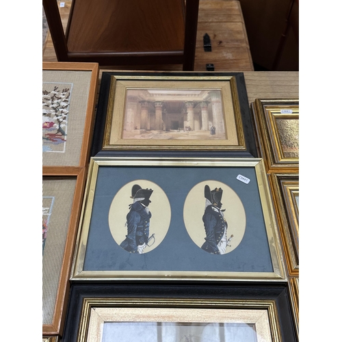 257 - Nine framed pictures to include four oilographs, Georgian style military silhouette print etc.