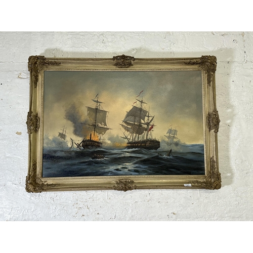 258 - A framed David Short oil on canvas of a ship battle scene - approx. 76cm high x 105cm wide