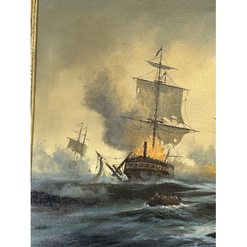 258 - A framed David Short oil on canvas of a ship battle scene - approx. 76cm high x 105cm wide