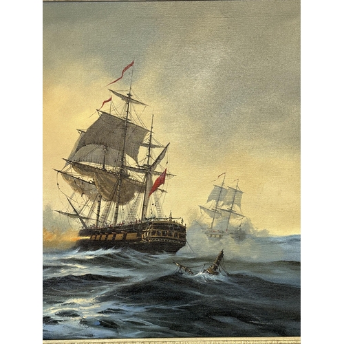 258 - A framed David Short oil on canvas of a ship battle scene - approx. 76cm high x 105cm wide