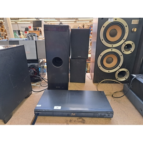 698 - Three Sony items, one BDP-S350 Blu-ray/DVD player, one SA-FS1 active subwoofer and one pair of SS-SB... 