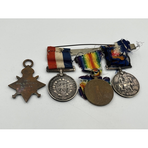 2220 - Four medals, three WWI presented to 1886 Sgt. G. Duncan R. Scots and one WWII South African War Serv... 