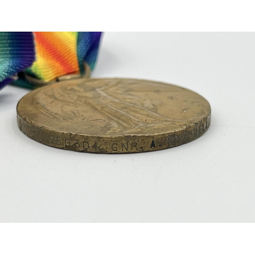 2221 - Three WWI British Victory medals, one presented to 250304 GNR. A. Campbell R. A., one presented to 4... 