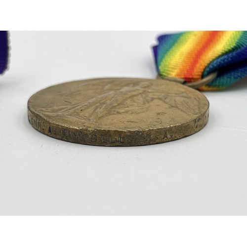 2221 - Three WWI British Victory medals, one presented to 250304 GNR. A. Campbell R. A., one presented to 4... 