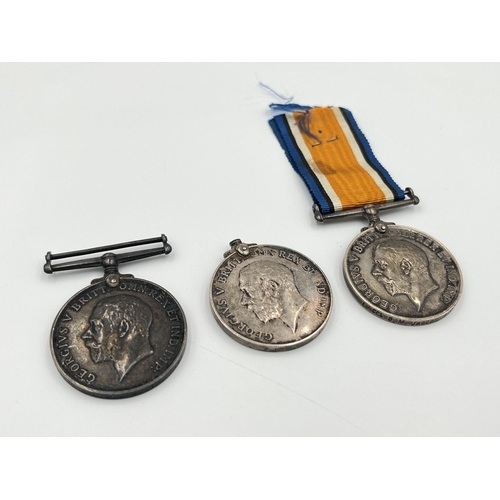 2222 - Three WWI British War medals, one presented to 2. Lieut. N. L. Smith, one presented to 142120 Cpl. G... 