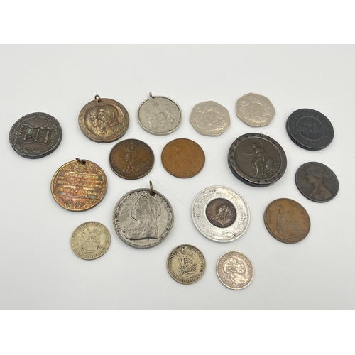 2243 - A collection of medals and coins to include 1797 George III cartwheel penny etc.