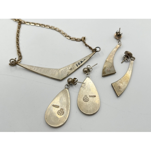 2335 - Four pieces of silver jewellery to include Native American pendant necklace, pair of Native American... 