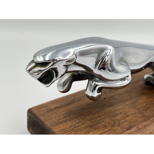 2354 - A vintage Jaguar chrome plated car mascot on oak plinth