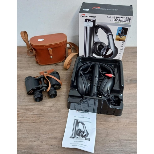 638 - Two items, one cased pair of Columbia 6 x 30 binoculars and one pair of Accelerate 5-in-1 wireless h... 