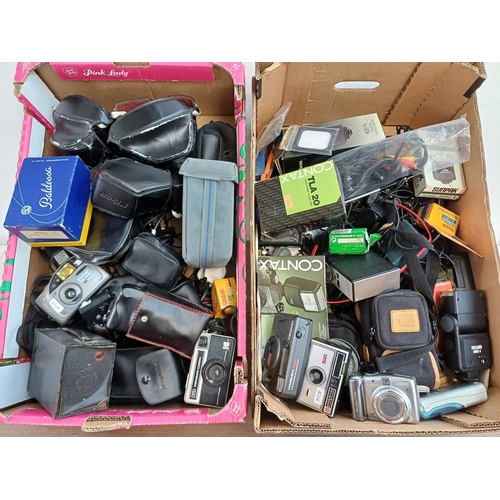 643 - Two boxes containing a large collection of cameras and accessories to include Vivitar Big View BV35D... 