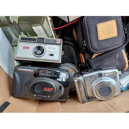 643 - Two boxes containing a large collection of cameras and accessories to include Vivitar Big View BV35D... 