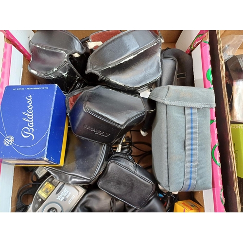 643 - Two boxes containing a large collection of cameras and accessories to include Vivitar Big View BV35D... 