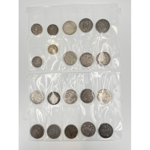 2245A - Twenty British silver coins and tokens to include 1845 Queen Victoria crown, two 1890 Queen Victoria... 