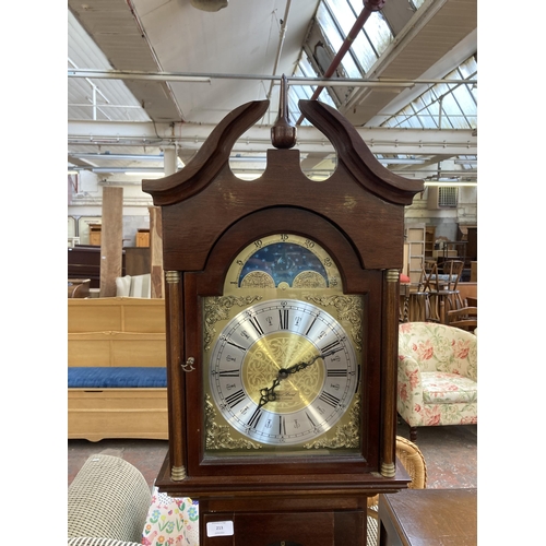 213 - A Richard Broad of Bodmin Cornwall mahogany cased grandmother clock with pendulum, key and weights -... 