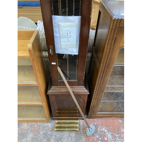 213 - A Richard Broad of Bodmin Cornwall mahogany cased grandmother clock with pendulum, key and weights -... 