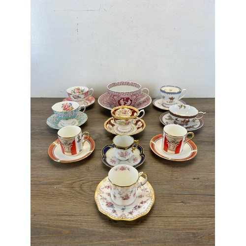 418 - Ten ceramic cups and saucers to include Royal Crown Derby Royal Antoinette, Royal Albert Lady Hamilt... 