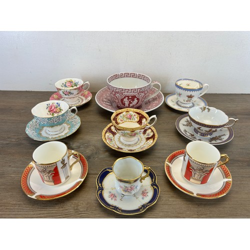 418 - Ten ceramic cups and saucers to include Royal Crown Derby Royal Antoinette, Royal Albert Lady Hamilt... 