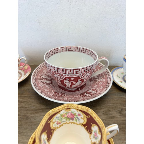 418 - Ten ceramic cups and saucers to include Royal Crown Derby Royal Antoinette, Royal Albert Lady Hamilt... 