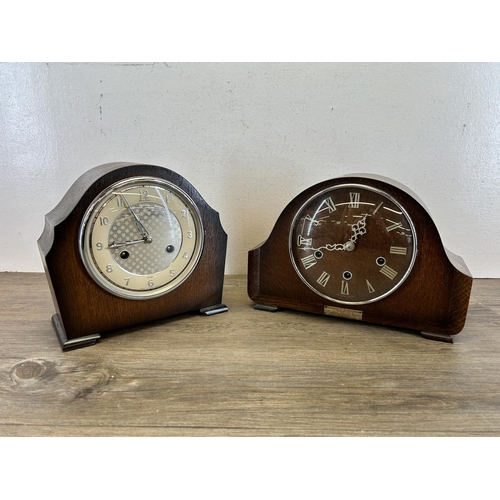 555 - Two oak cased chiming mantle clocks, one Smiths and one Bentima