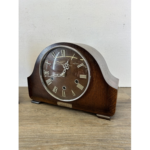 555 - Two oak cased chiming mantle clocks, one Smiths and one Bentima